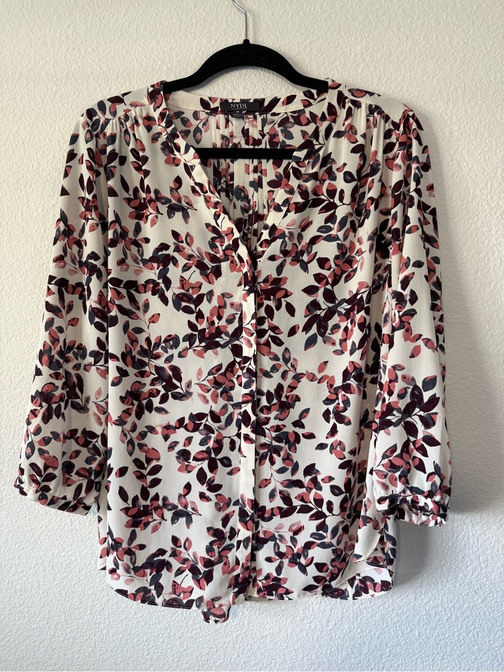 NYDJ Button-Front Floral Leaf Blouse - Ivory with Pink & Black